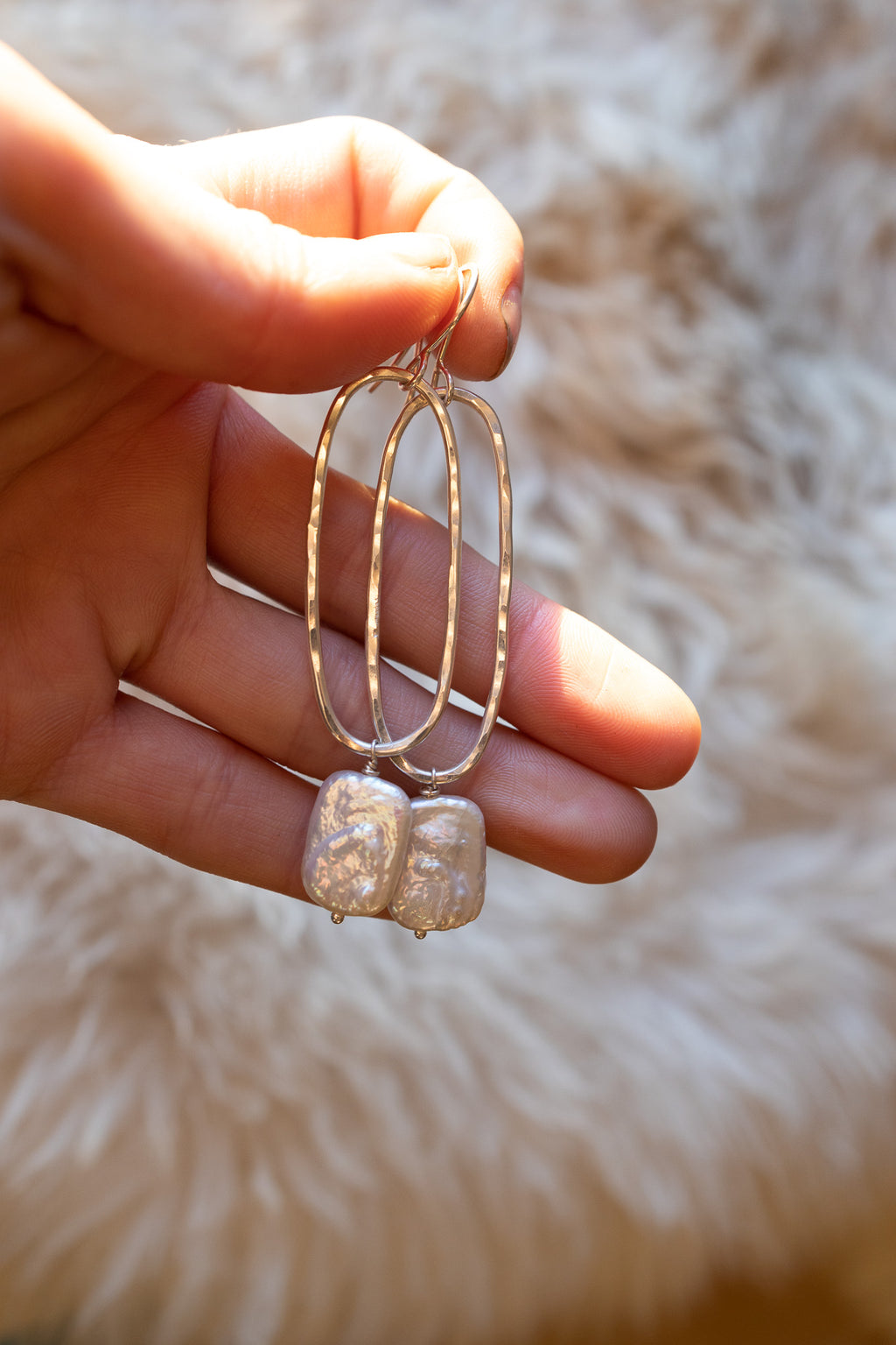 Hammered Pearl Drop Hoop - Silver